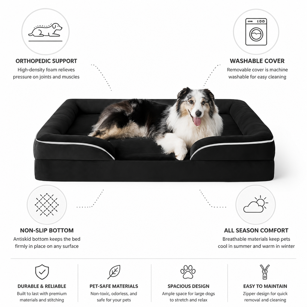 Orthopedic Foam & Washable Cover Dog Bed (Non-Slip Bottom)