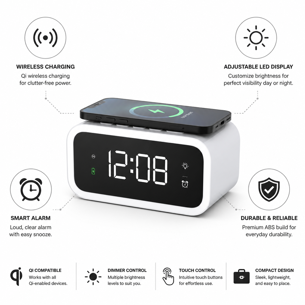 Qi Wireless Charging Adjustable LED Digital Alarm Clock