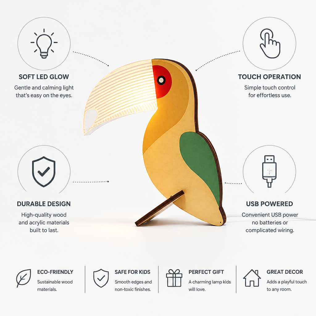 Touch-Operated Soft LED Wooden Animal Table Lamp (USB-Powered)