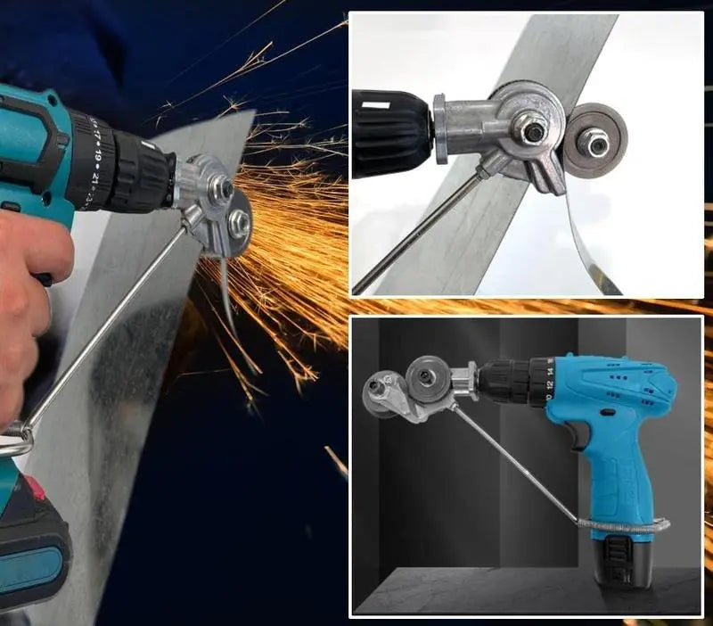 Drill Attachment for Metal Sheet Cutting - Three Swappable Heads & Gear Blade