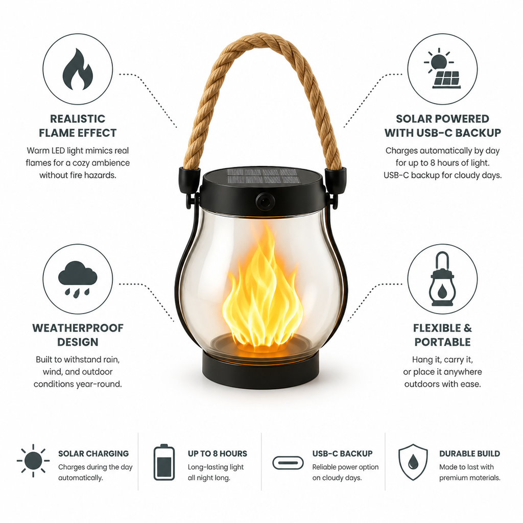 Weatherproof Solar Flickering Flame Garden Lantern (USB-C Backup)