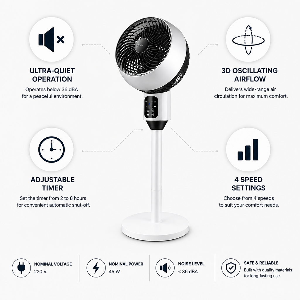 Ultra-Quiet 3D-Oscillating Standing Fan (Adjustable Height & Timer)