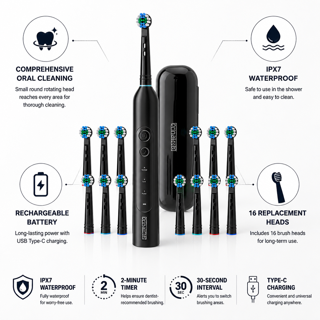 Rechargeable IPX7 Waterproof Electric Toothbrush (16 Replacement Heads)