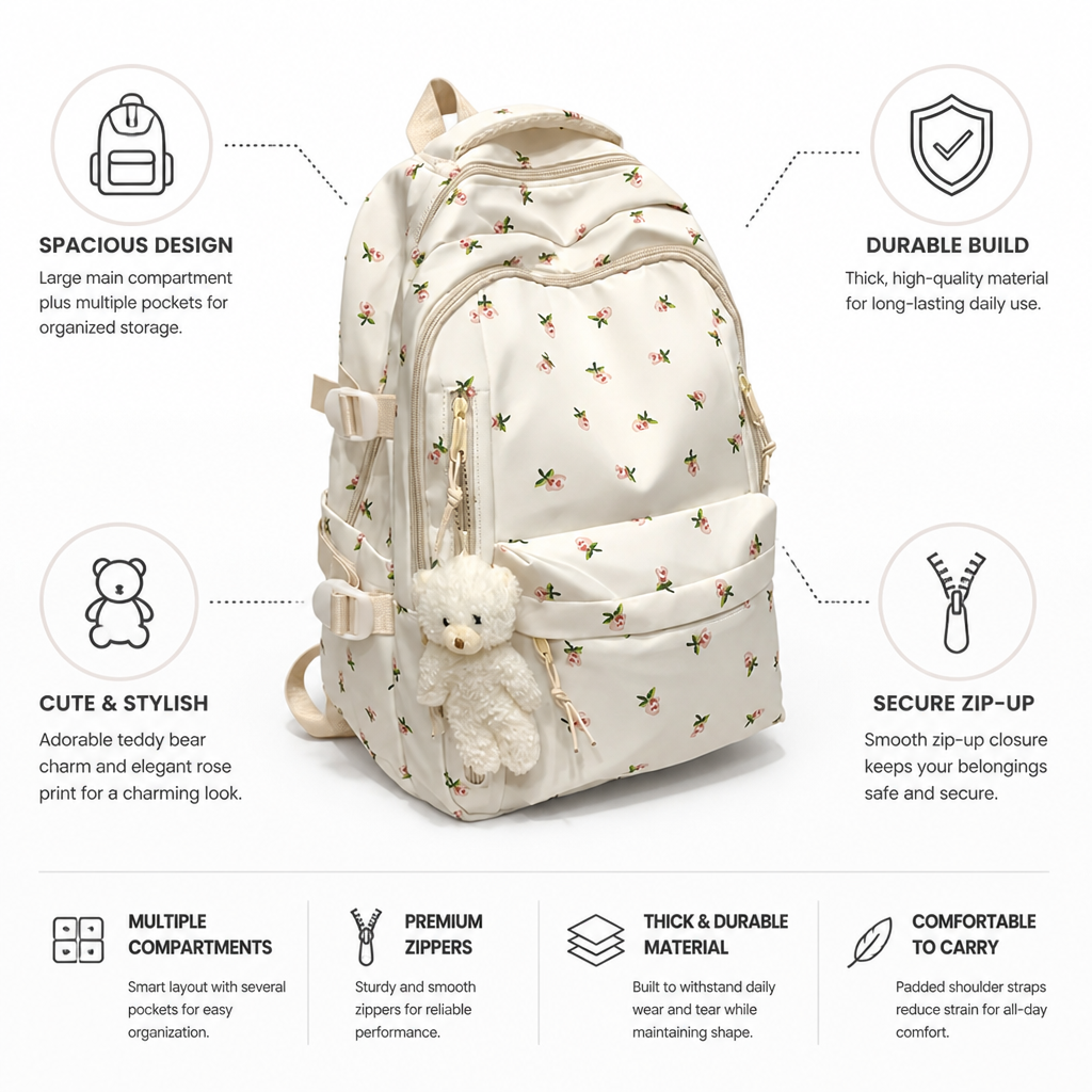 Large Capacity Rose Print Backpack (Teddy Bear Charm)