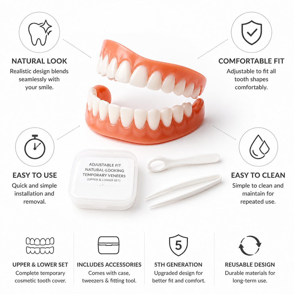Adjustable Fit Natural-Looking Temporary Veneers (Upper & Lower Set)
