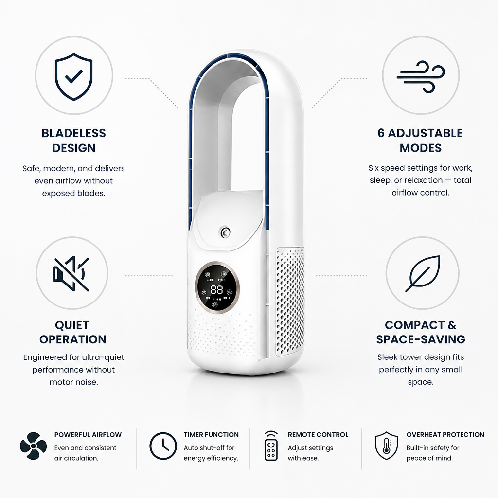 Bladeless Quiet Tower Fan (6 Modes)