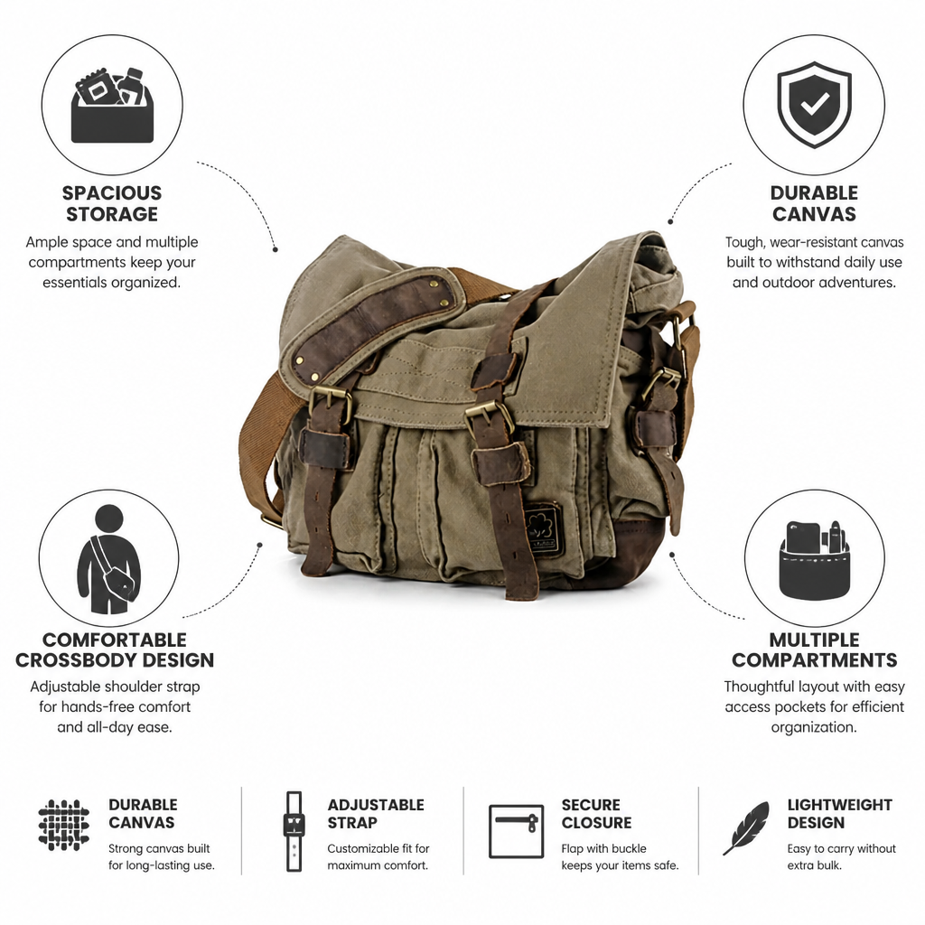 Durable Canvas Multi-Compartment Crossbody Bag