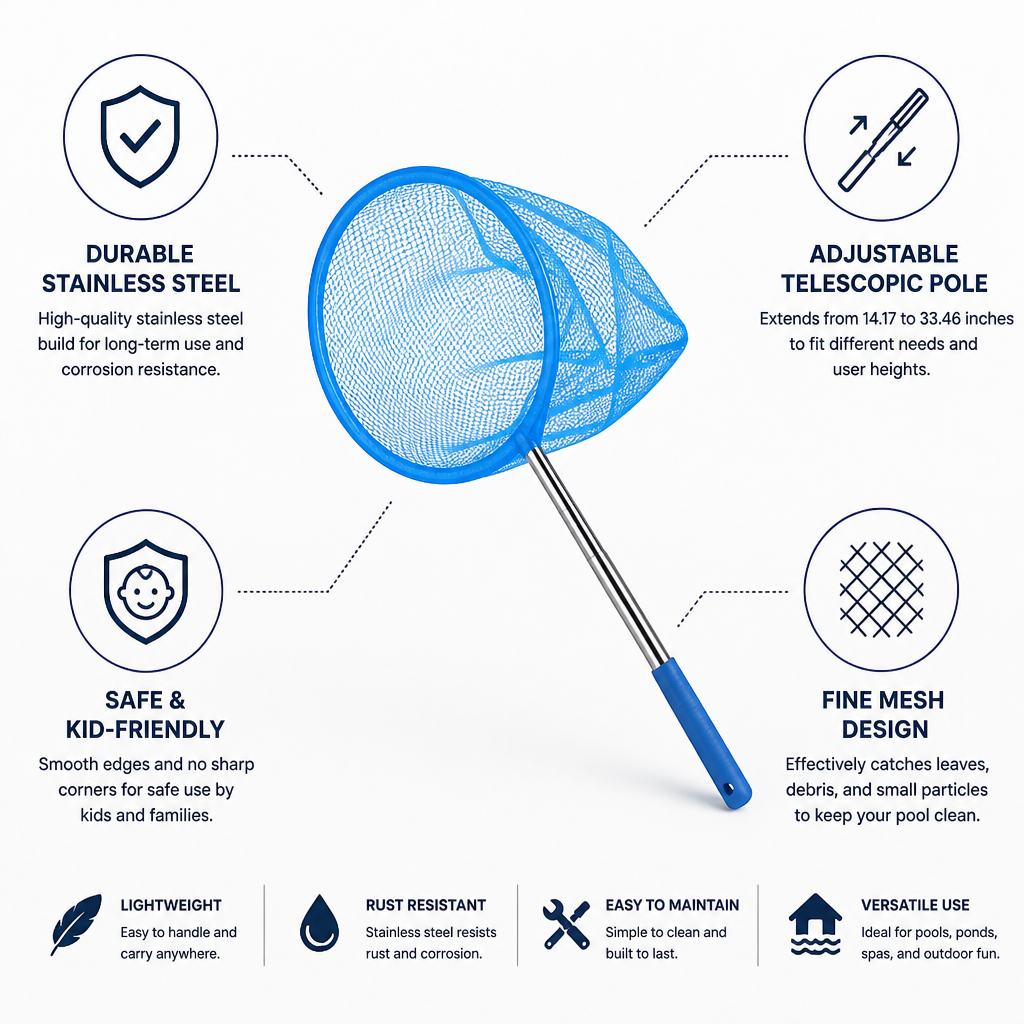 Stainless Steel Fine-Mesh Telescopic Pool Skimmer Net