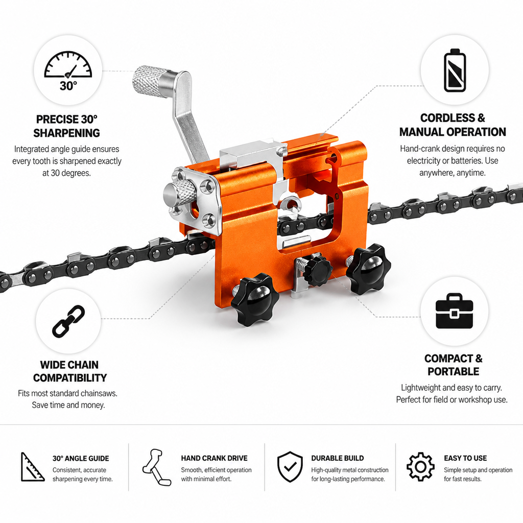 Precise 30° Hand-Crank Chainsaw Sharpener