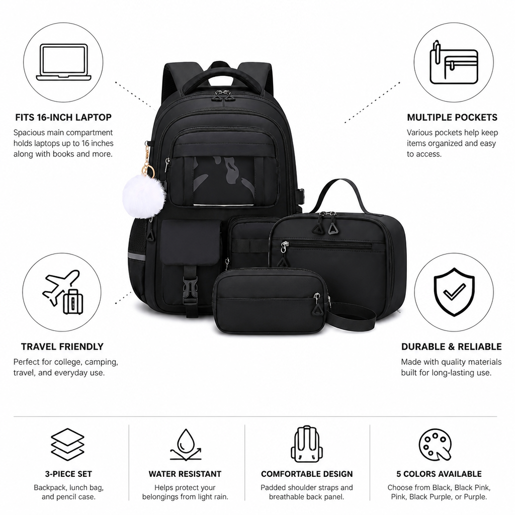 Large Capacity Multi-Pocket Backpack Set (Fits 16-Inch Laptop)