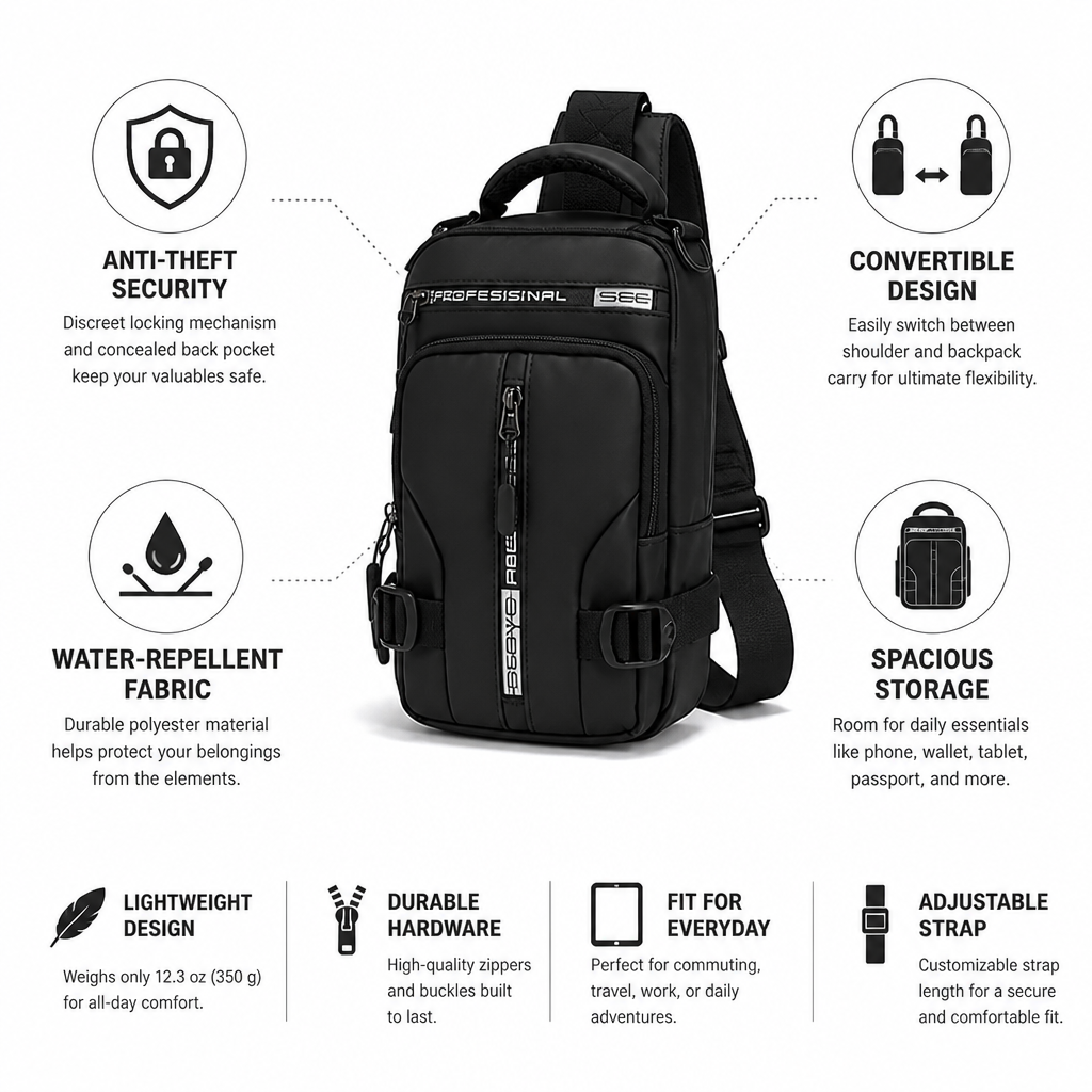 Anti-Theft Water-Repellent Convertible Sling Bag