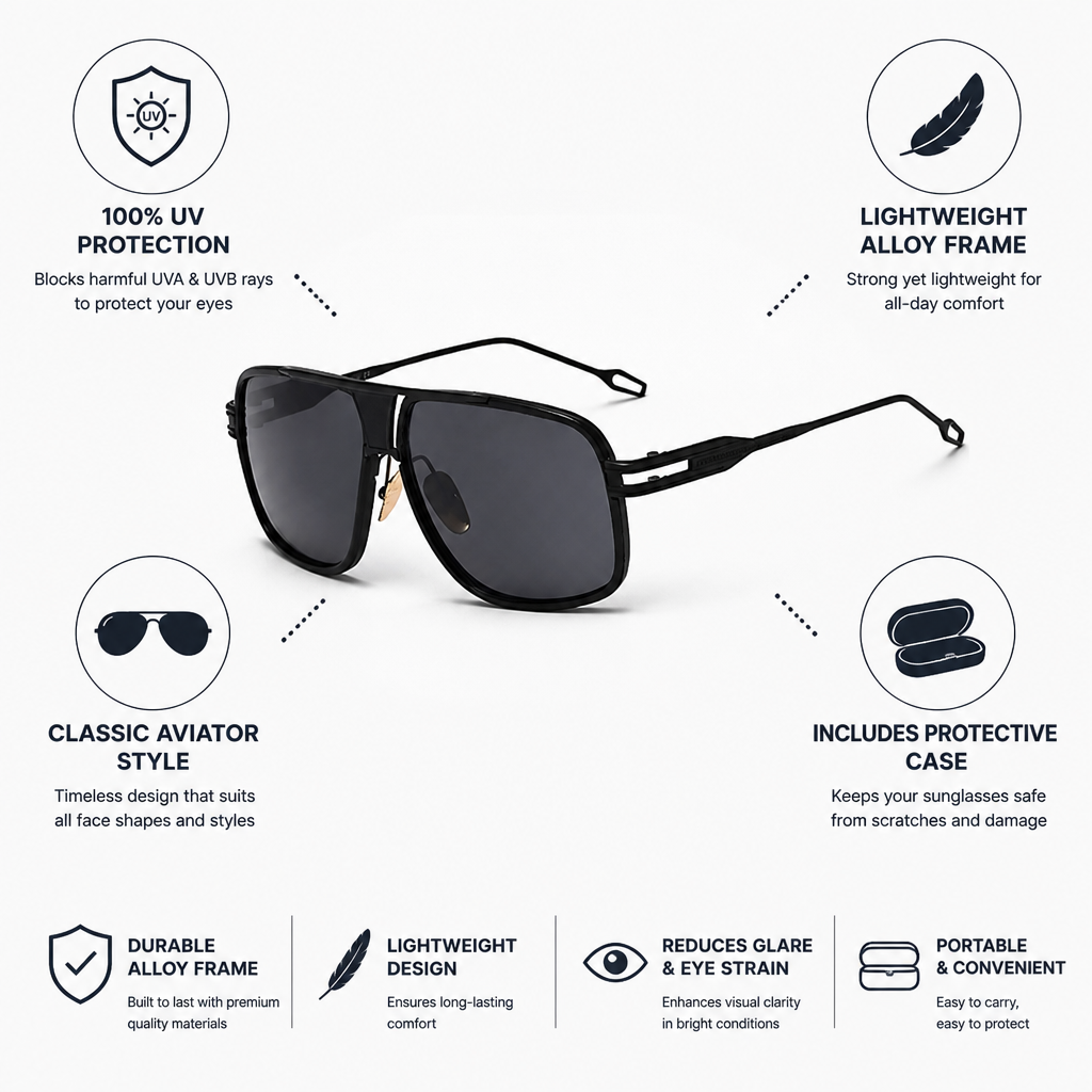 100% UV Protection Lightweight Alloy Aviator Sunglasses