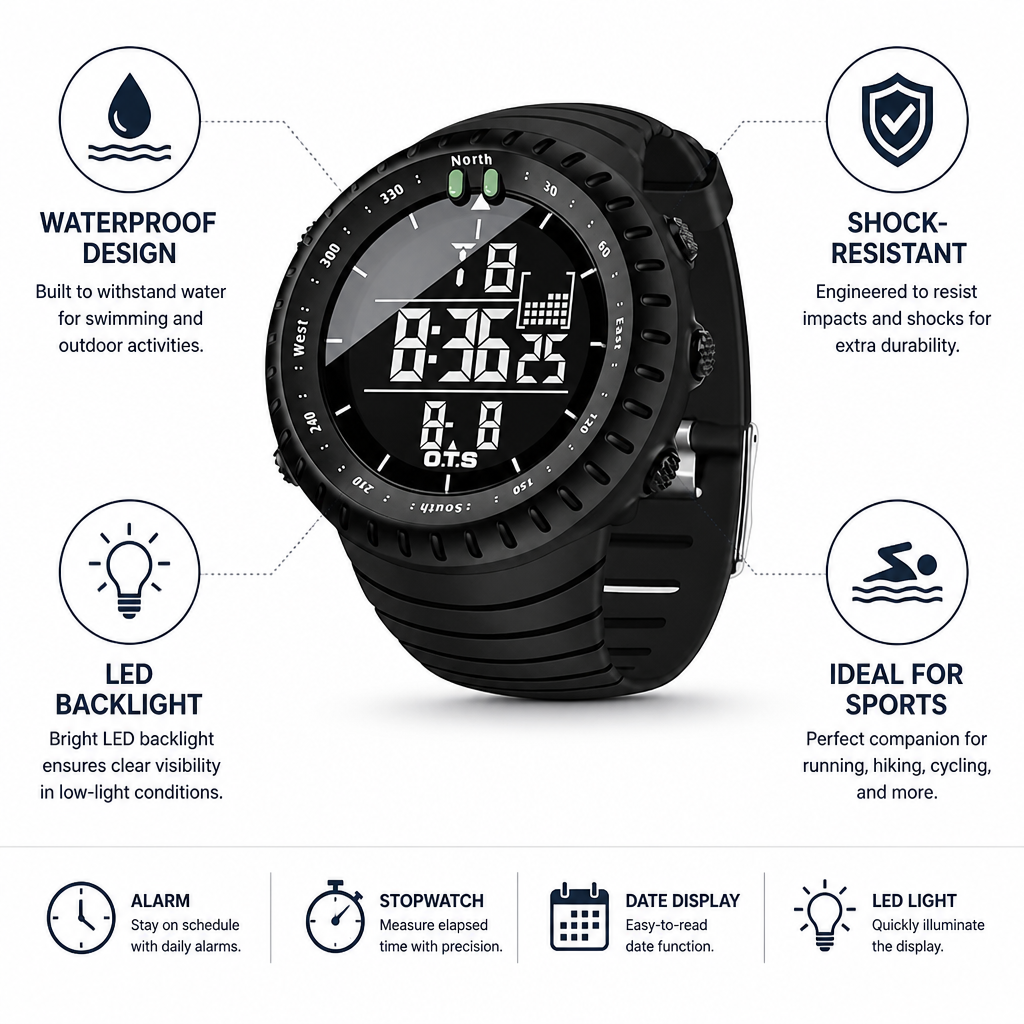 Waterproof & Shock-Resistant LED Digital Sports Watch