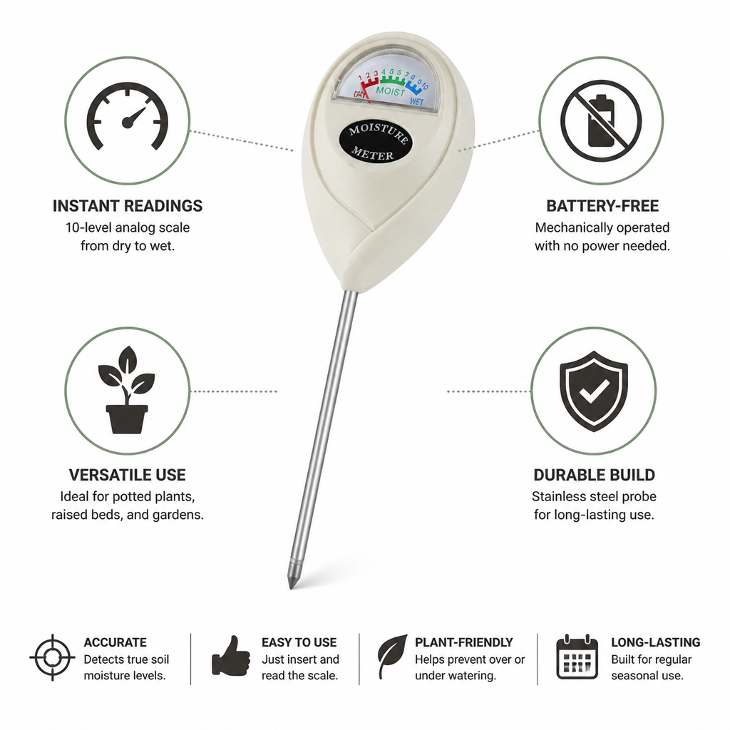 Battery-Free 1–10 Color Soil Moisture Meter (Stainless Steel Probe)