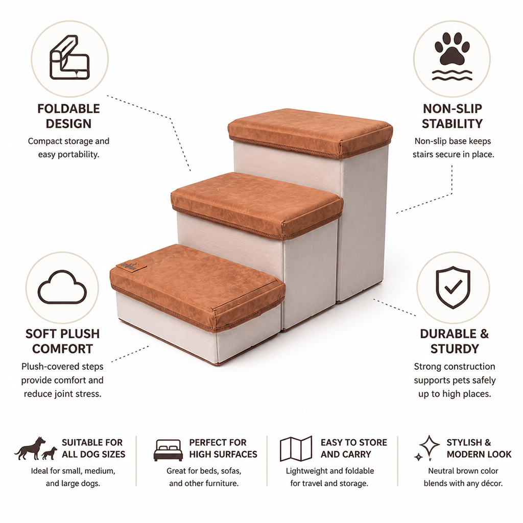 Foldable Plush-Covered Non-Slip Dog Stairs (3-Step)