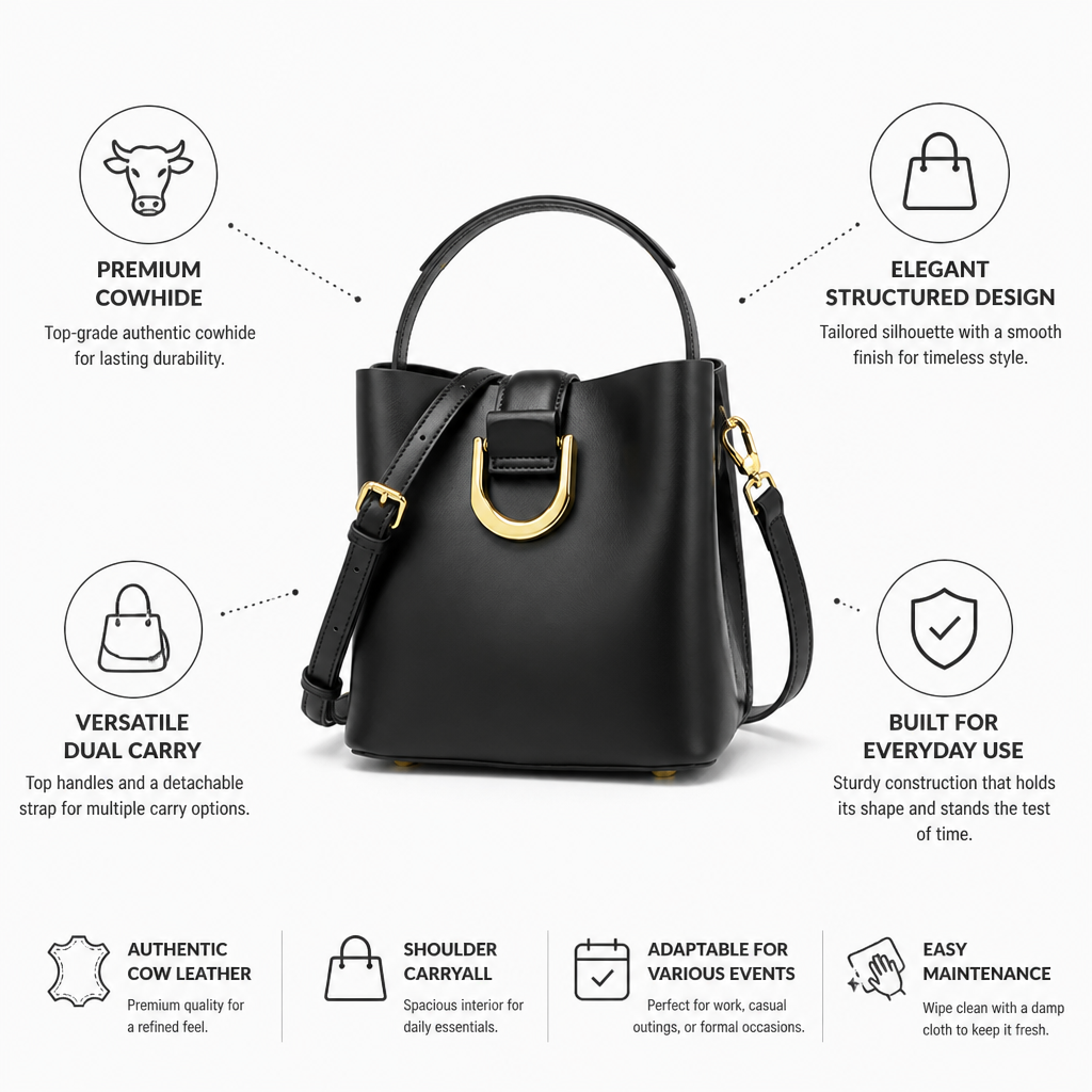 Premium Cowhide Structured Bucket Handbag (Detachable Strap)