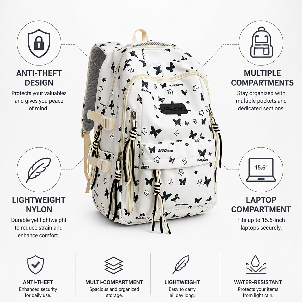 Anti-Theft Multi-Compartment Nylon Backpack (Fits 15.6-Inch Laptop)