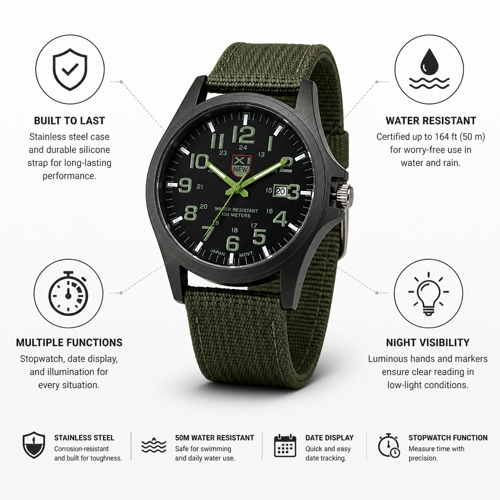 50m Water-Resistant Stainless Steel Tactical Watch (45mm)