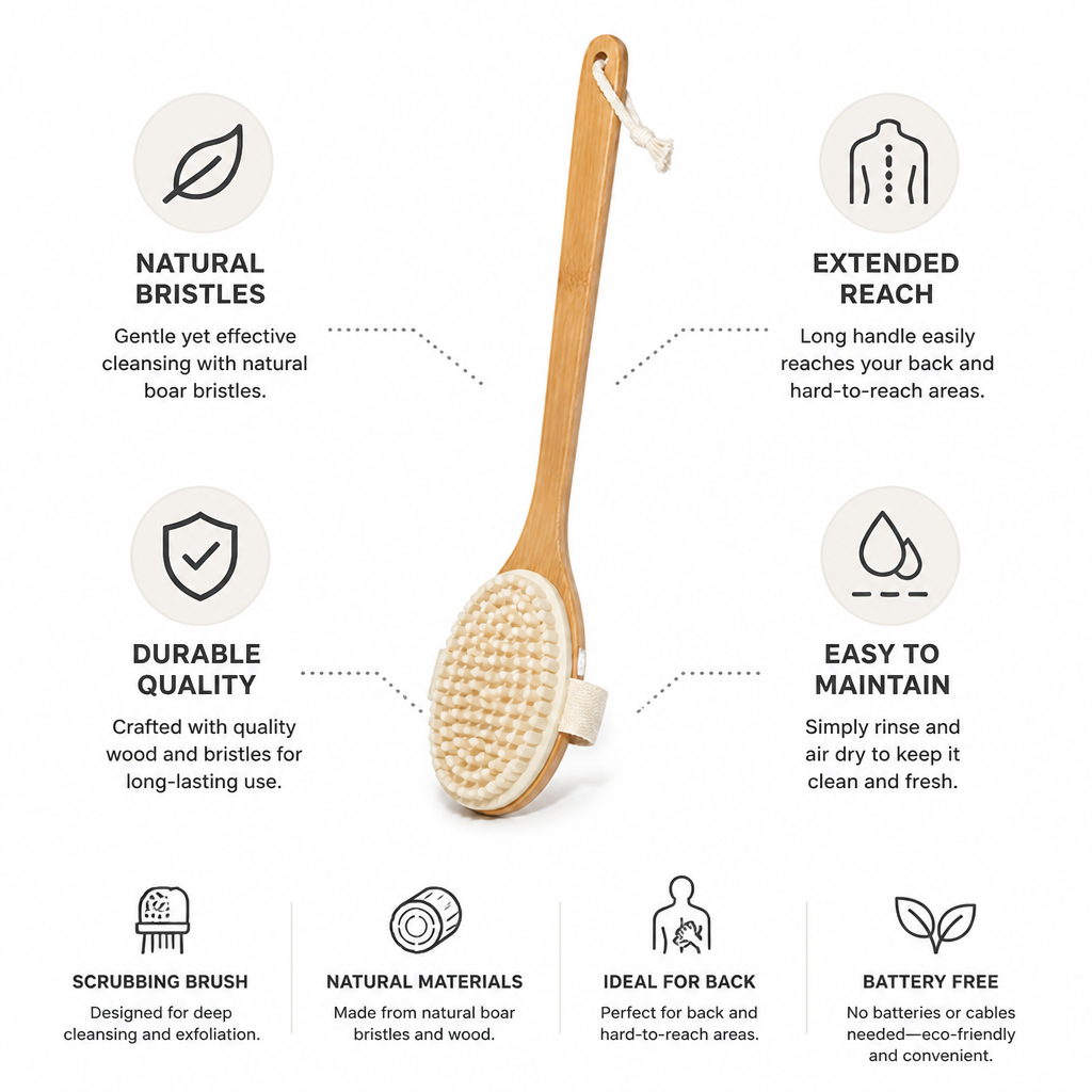 Natural Boar Bristles & Long Wooden Handle Back Scrub Brush