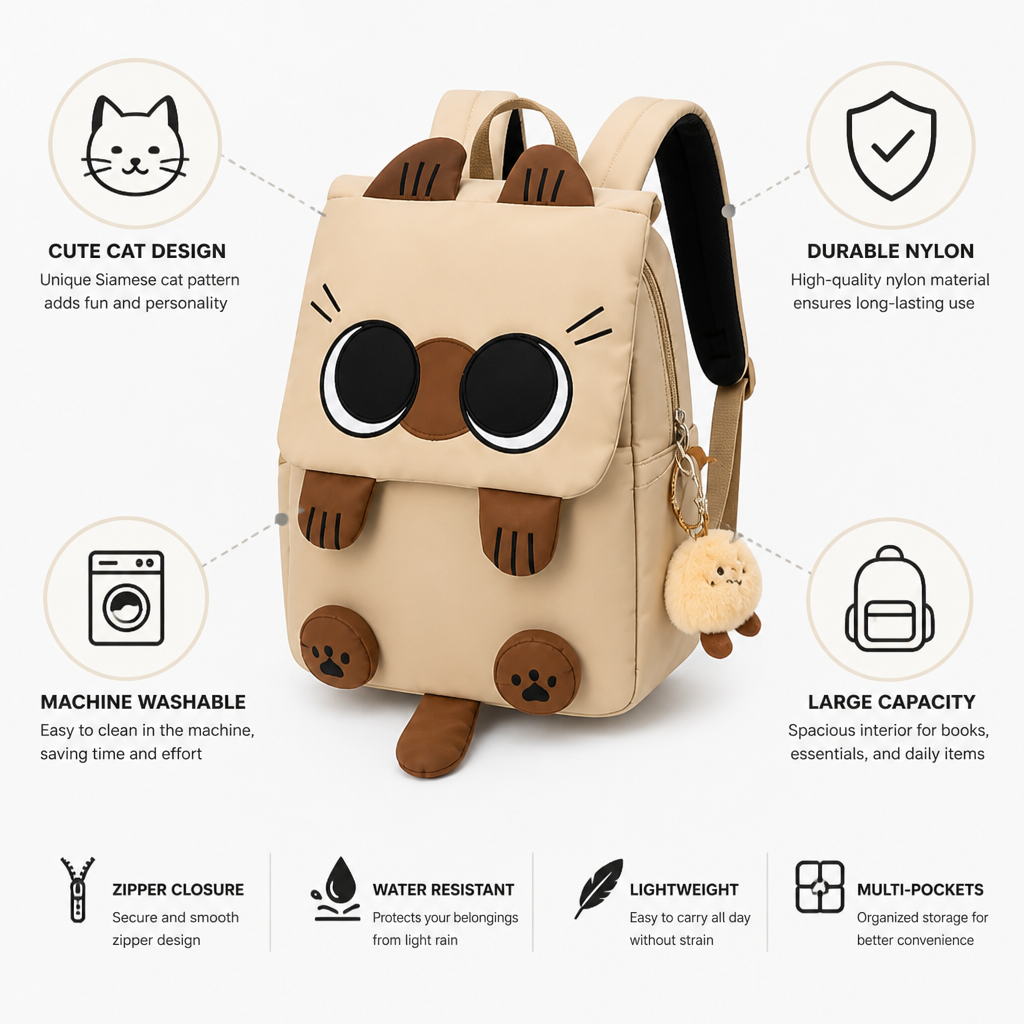 Large Capacity Cartoon Cat Nylon Backpack (Machine-Washable)