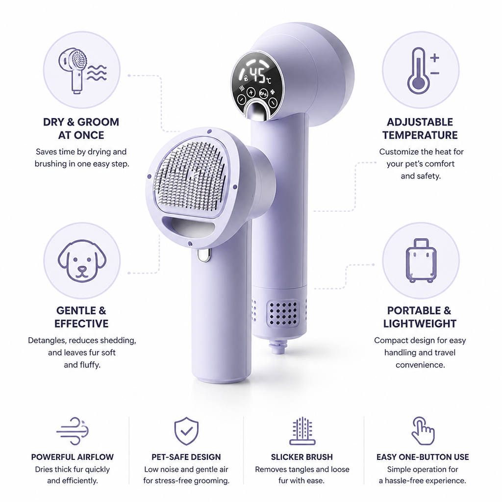 Adjustable-Temperature 2-in-1 Dog Hair Dryer & Slicker Brush