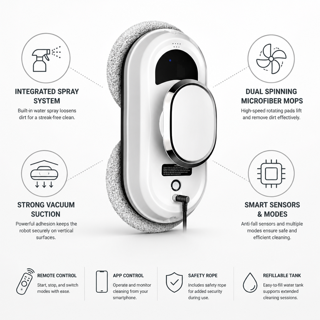 Strong Suction Integrated Spray Robotic Window Cleaner