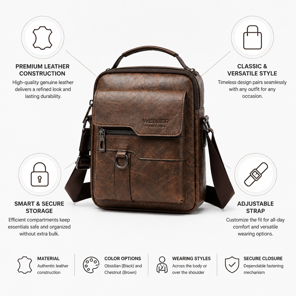 Genuine Leather Front-Pocket Crossbody Bag (Adjustable Strap)