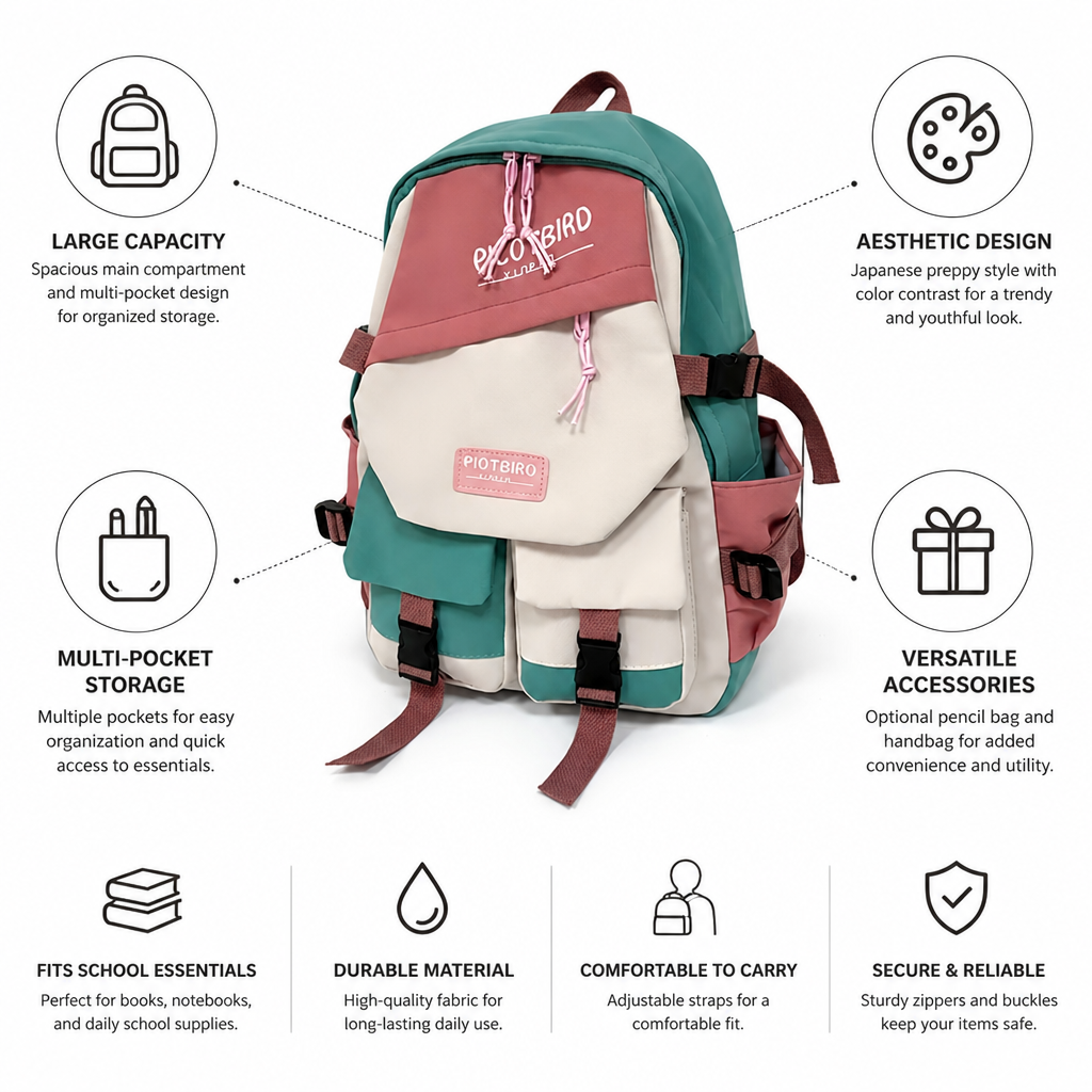 Large Capacity Color-Block Multi-Pocket School Backpack (Optional Pencil Bag + Handbag)
