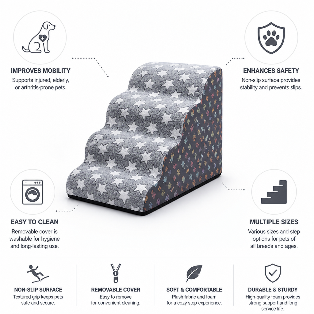 Plush Foam & Non-Slip Pet Stairs (Removable Washable Cover)