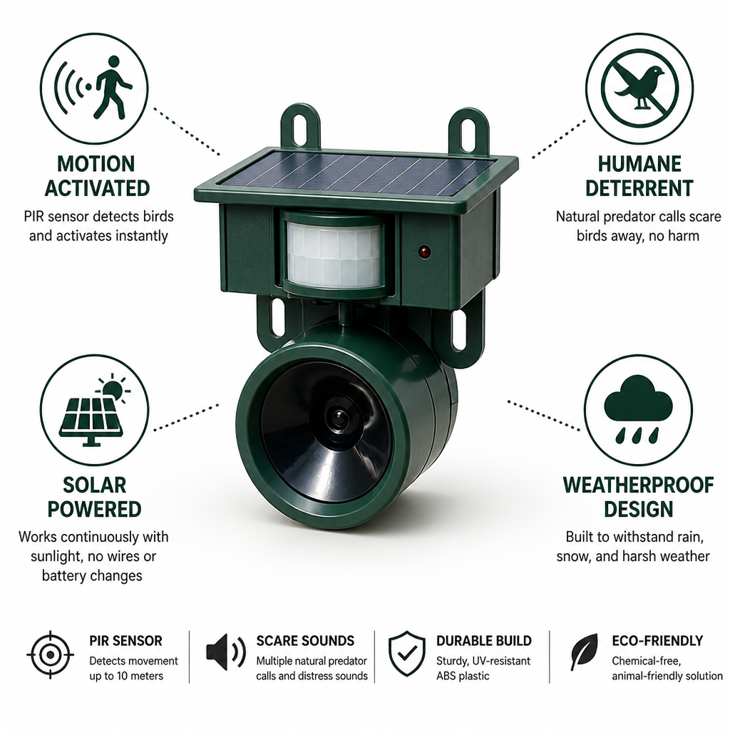 Solar-Powered PIR Motion Animal-Friendly Bird Deterrent