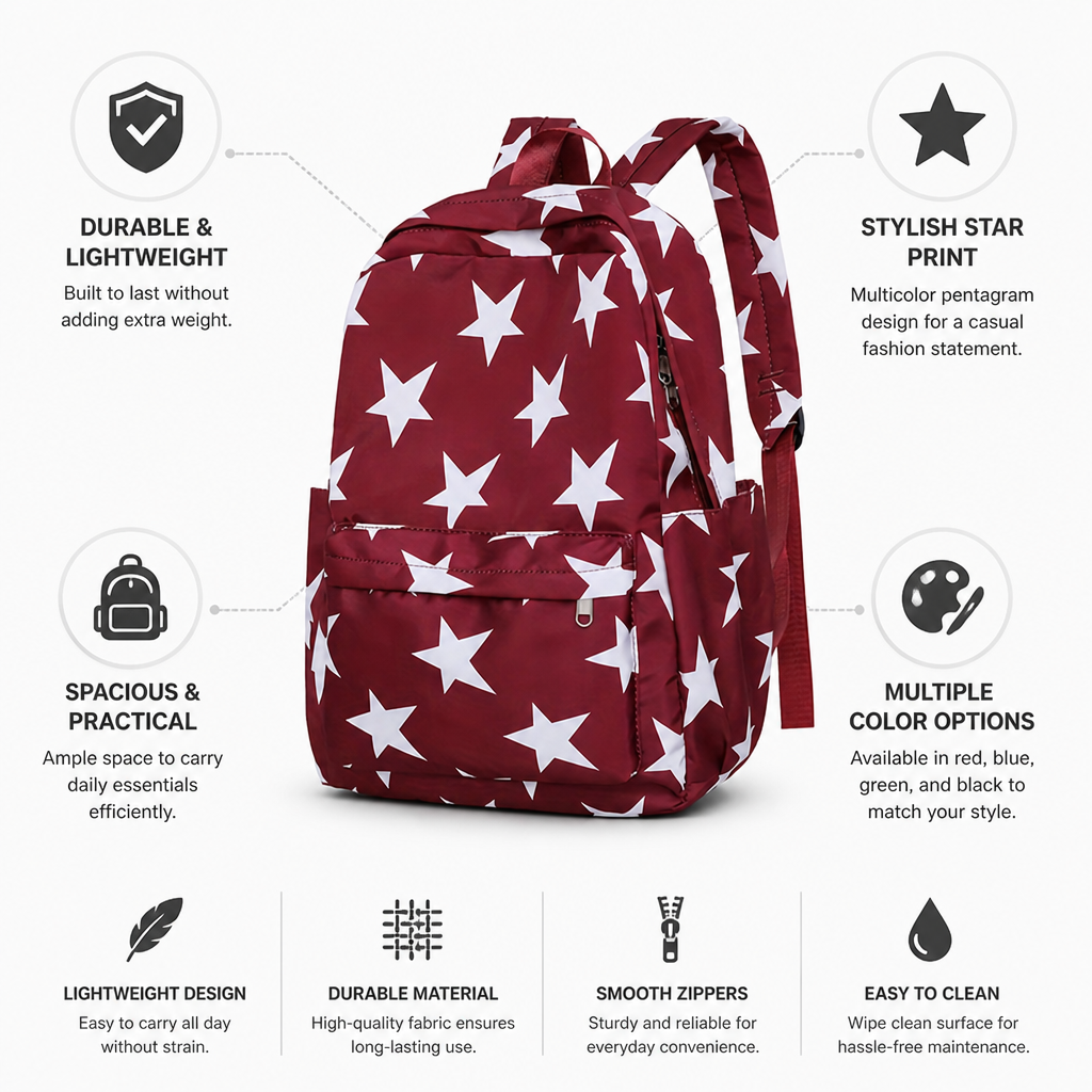 Durable & Lightweight Multicolor Star Print Backpack