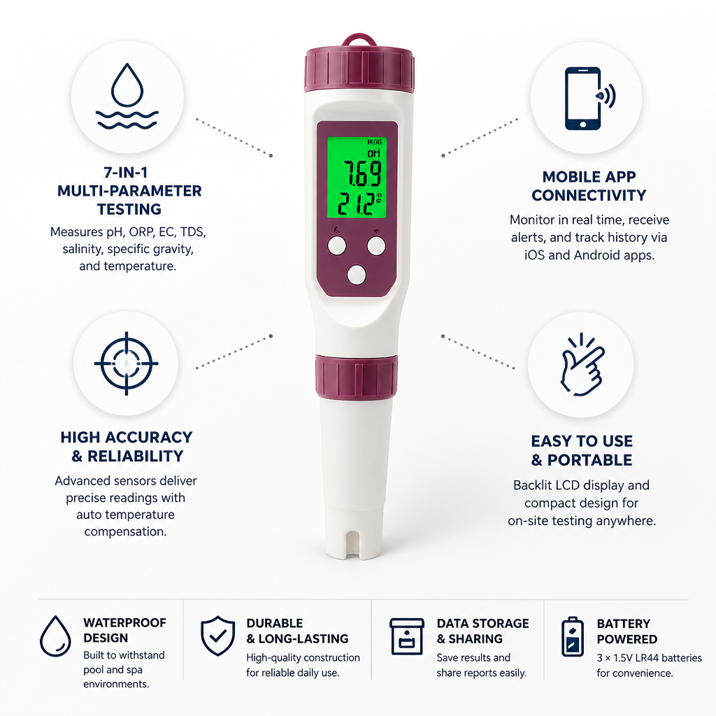 App-Connected 7-in-1 Digital Pool Tester (For Pools & Spas)