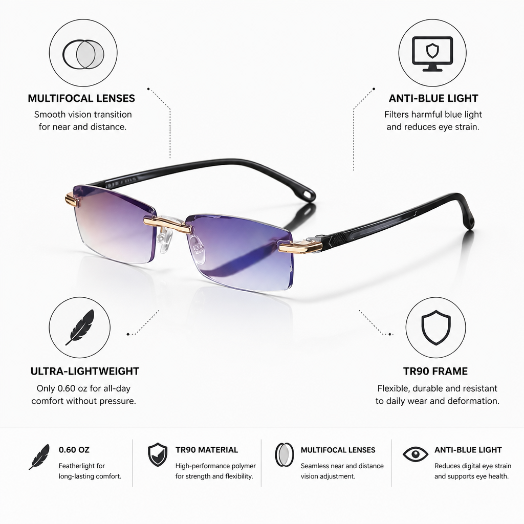 Multifocal Anti-Blue Light Rimless Glasses