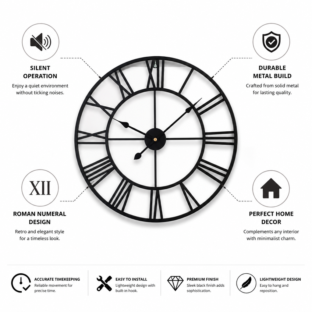 Silent Metal & Acrylic Roman Numeral Wall Clock (40cm)
