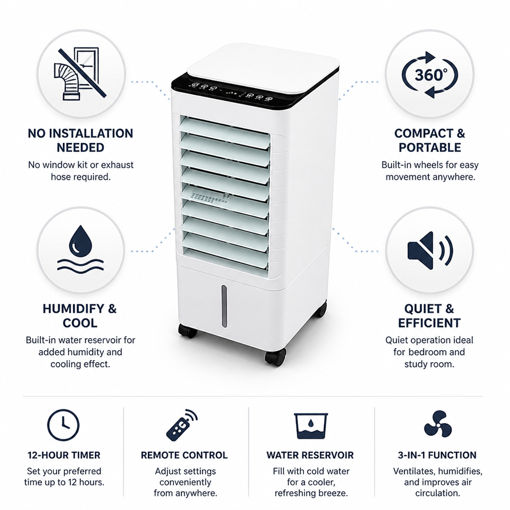 Hose-Free Portable Humidifying Air Cooler (Remote & Timer)