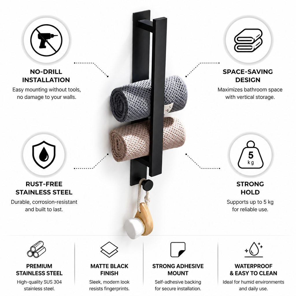 No-Drill Space-Saving Stainless Steel Towel Rack