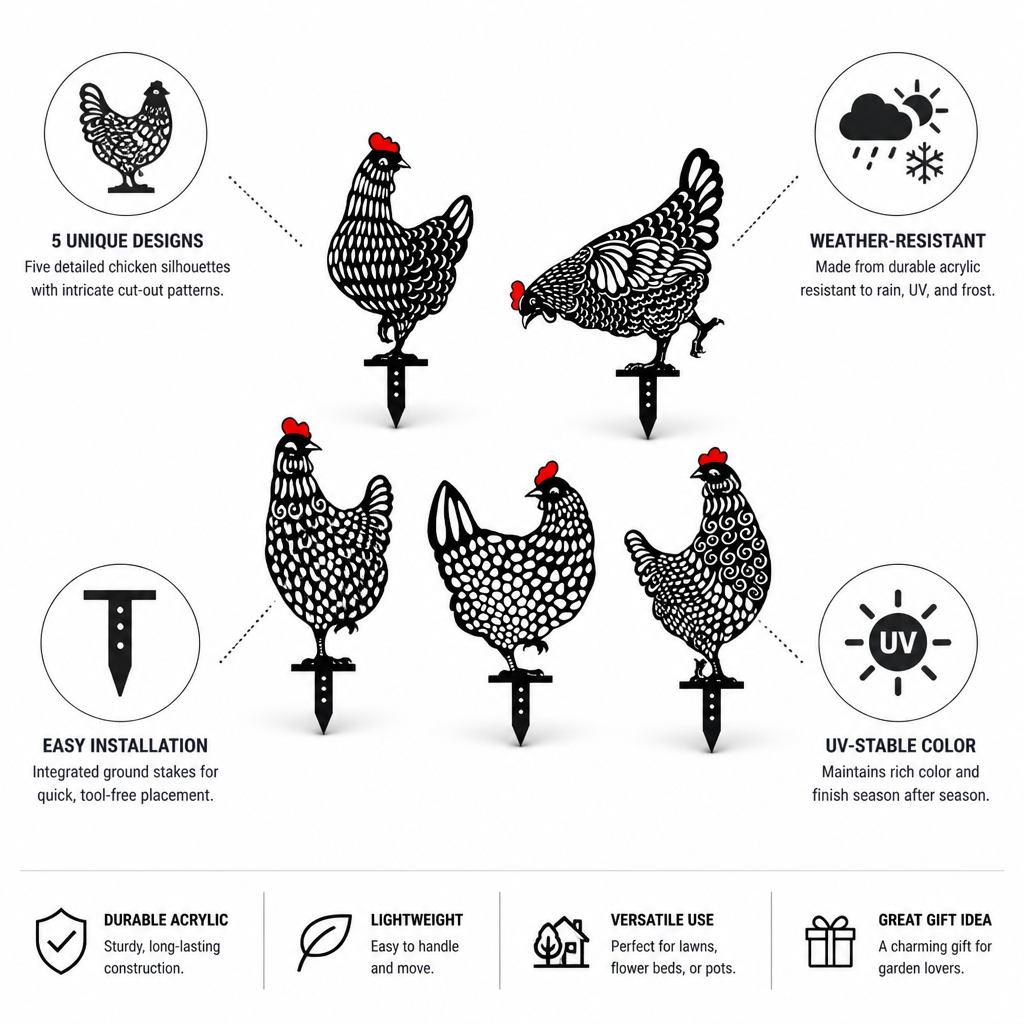 Weather-Resistant Acrylic Chicken Garden Stakes (Set of 5)