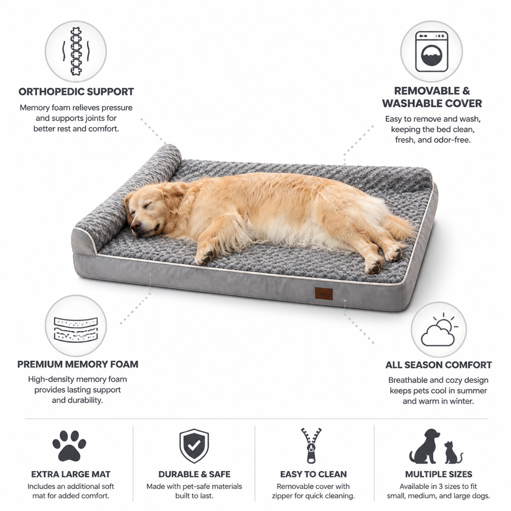 L-Shaped Orthopedic Memory Foam Dog Bed (Includes Extra Mat)
