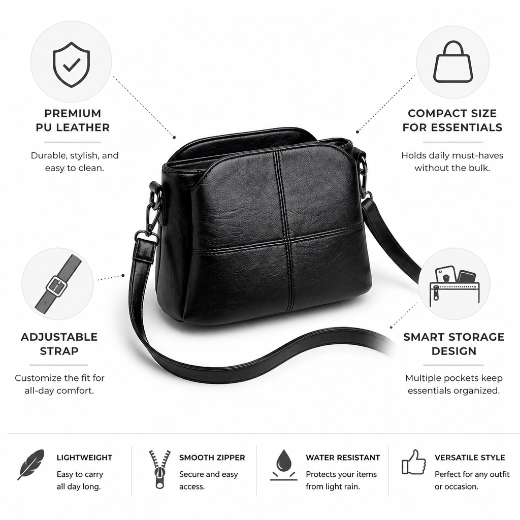 Compact Premium PU Leather Stitch-Detail Multi-Pocket Crossbody Bag