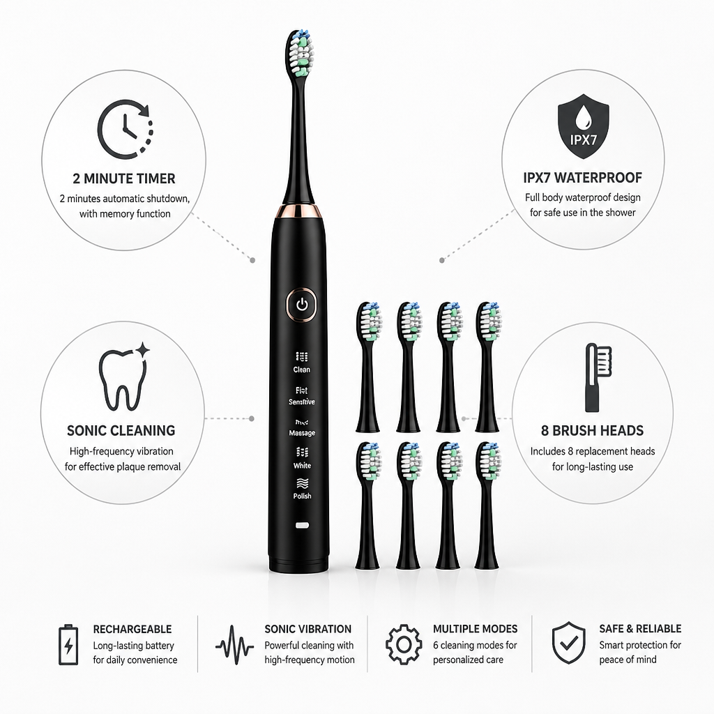 Rechargeable Sonic Toothbrush (8 Brush Heads)