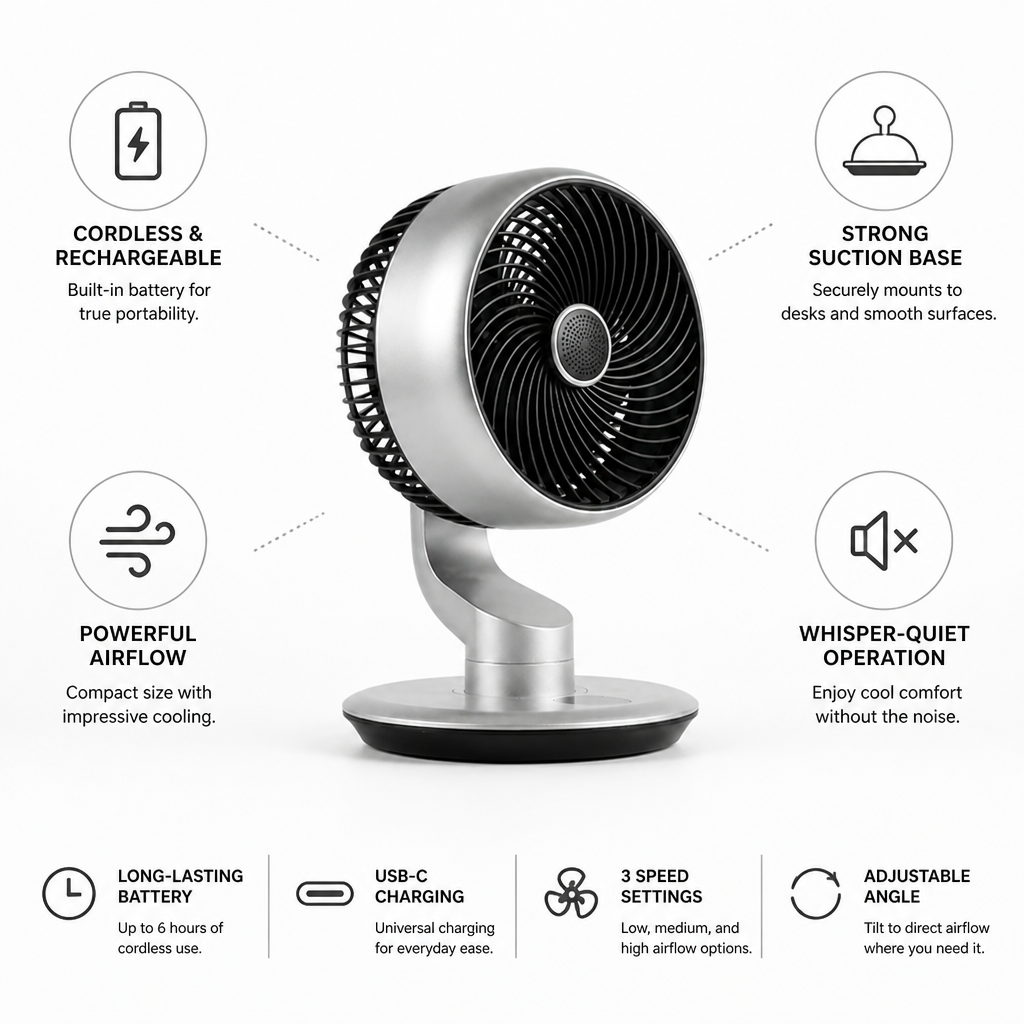 Cordless Rechargeable Suction-Cup Desk Fan