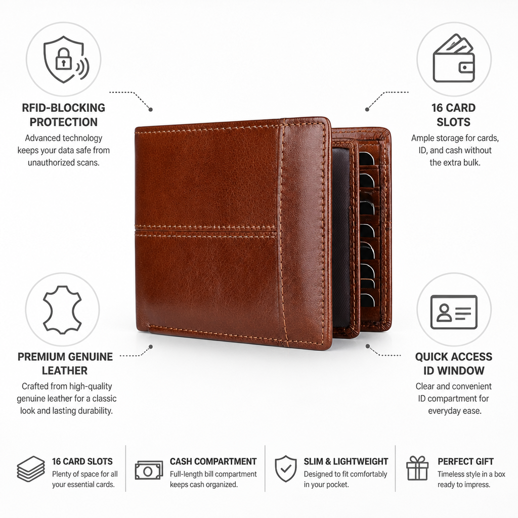 RFID-Blocking Genuine Leather Slim Bifold Wallet (16 Card Slots)