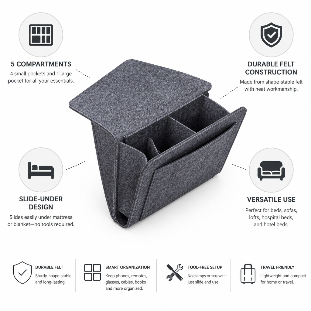 Durable Slide-Under Felt Bedside Caddy (5 Compartments)