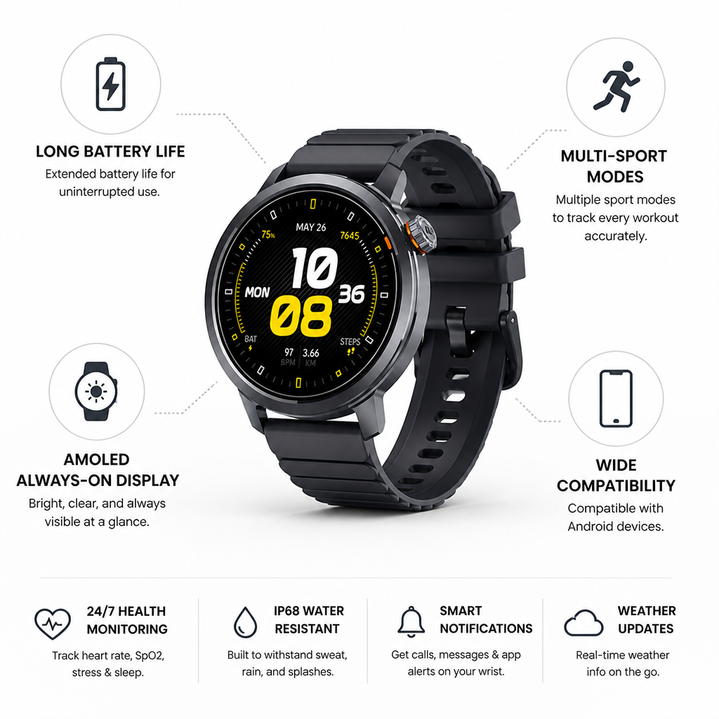 AMOLED Always-On & Long Battery Life Fitness Smartwatch