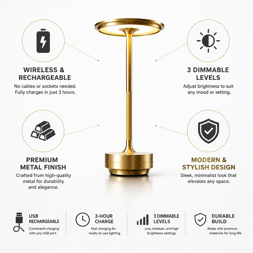 Wireless USB Rechargeable Dimmable Table Lamp