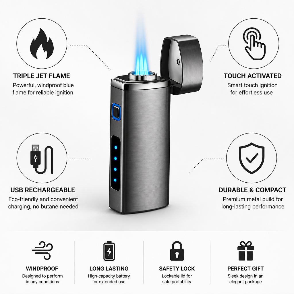 Triple Jet Touch-Activated USB Rechargeable Lighter