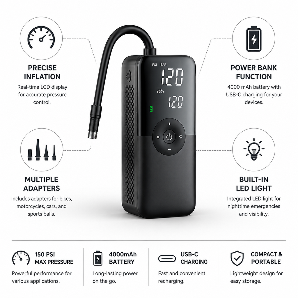 Portable LCD Pressure & Power Bank Air Pump (150 PSI)