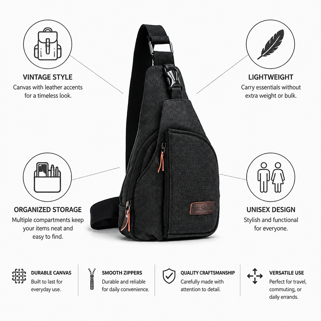 Lightweight Vintage Canvas & Leather Trim Sling Bag