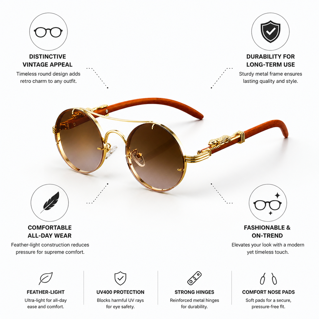 Feather-Light Metal Round Sunglasses (Animal Accent)