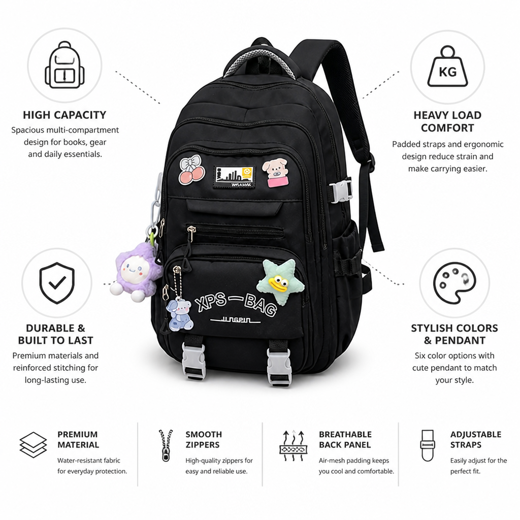 Large-Capacity Student Backpack With Pendant